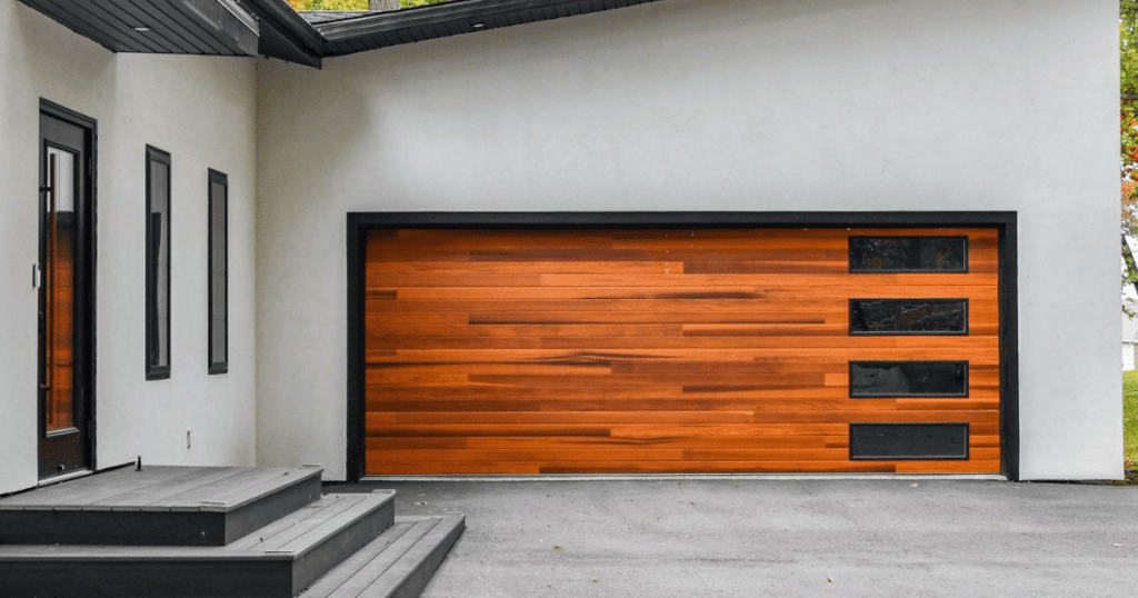 Modern wood garage door with side glass
